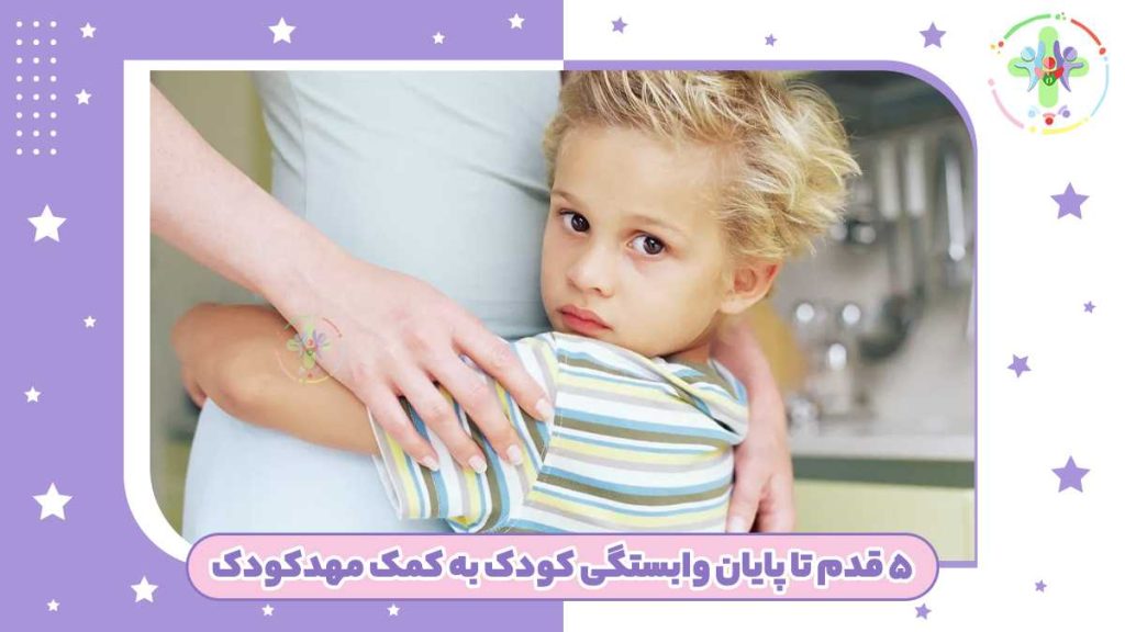کودک در حال بغل گرفتن مادر از پشت، نشان‌دهنده پیوند عاطفی قوی و راهنمایی برای کاهش وابستگی کودک به مهدکودک و ارتقاء خوداتکایی.